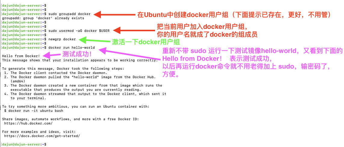docker setup docker group 配置免 sudo 验证成功