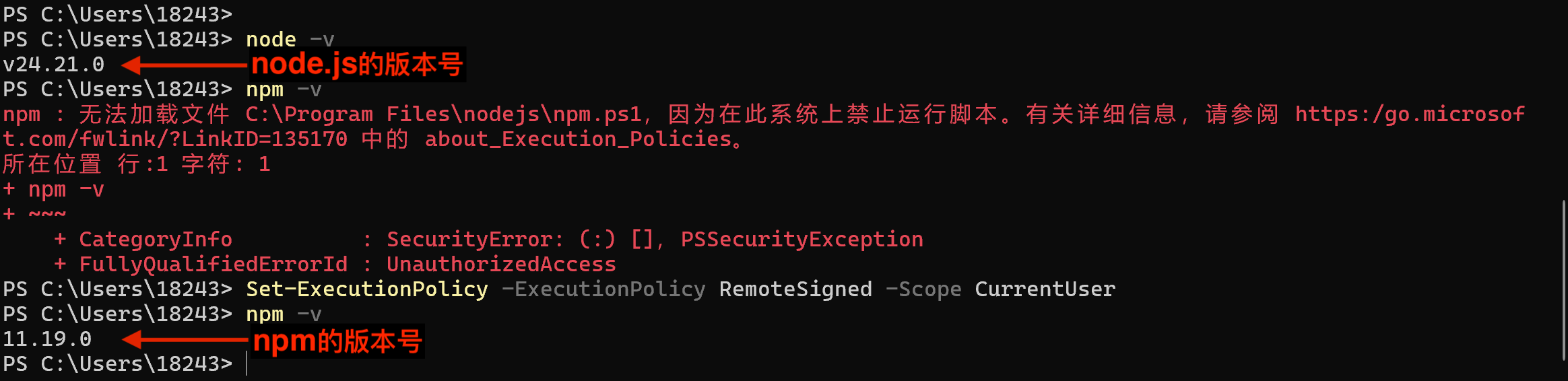 powershell 验证 node.js 和 npm 版本