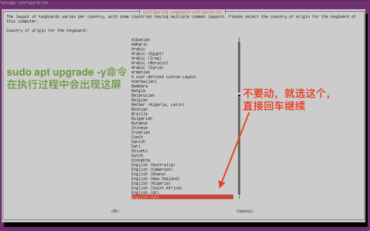 ubuntu setup apt upgrade keyboard configuration 保持默认