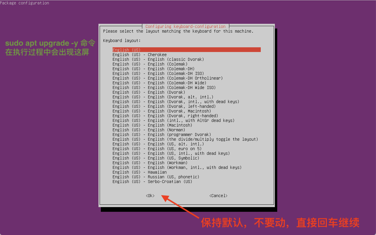 ubuntu setup apt upgrade keyboard layout 保持默认